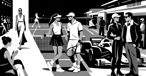 Editorial illustration blending runway, tennis court, and F1 paddock showing luxury sportswear fusion of sport and elegance