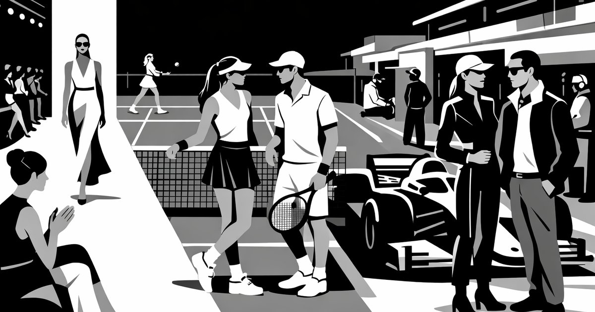 Editorial illustration blending runway, tennis court, and F1 paddock showing luxury sportswear fusion of sport and elegance