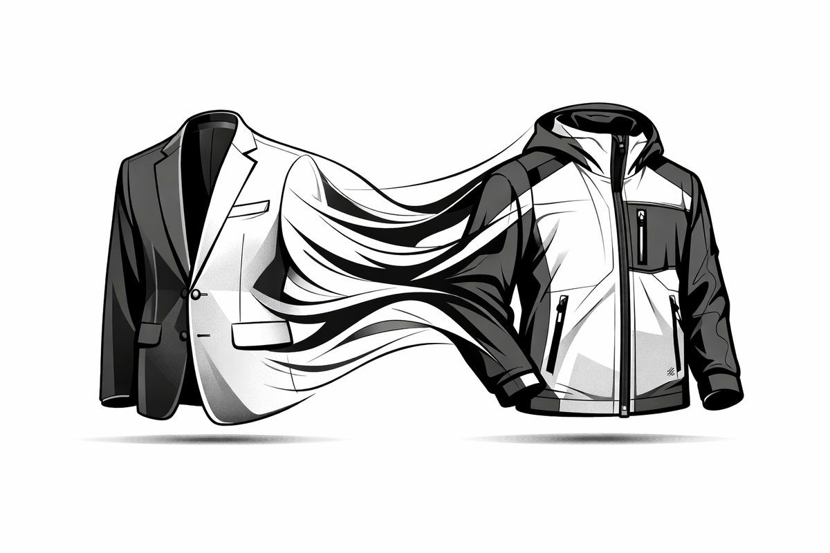 Illustration of a tailored blazer morphing into a technical jacket symbolizing luxury sportswear blending formal and casual s