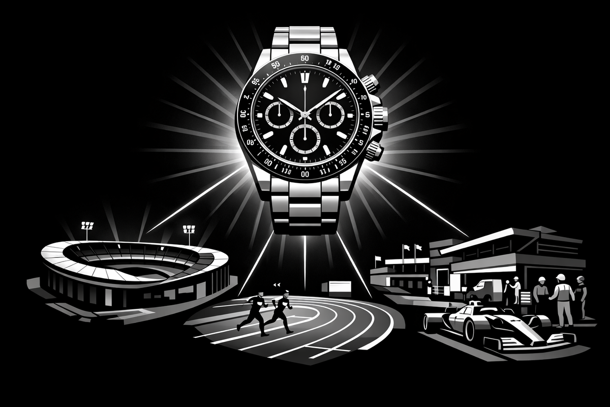 Illustration of a luxury watch above stadium, Olympic track, and F1 paddock symbolizing luxury sportswear timing and prestige