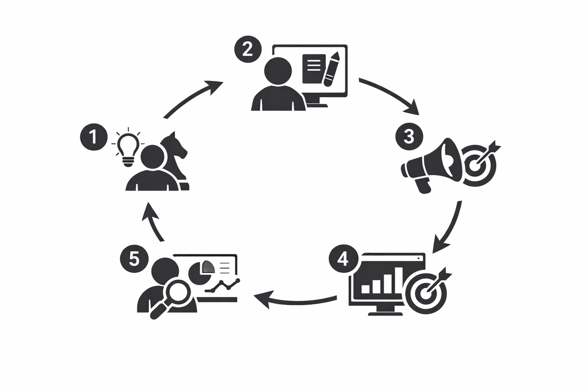 Workflow illustration showing five strategic steps and roles in comunicazione politica campaign planning